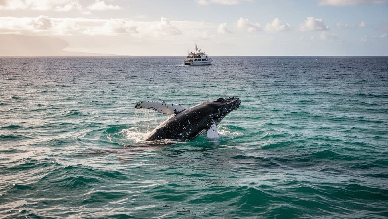 Majestic humpback whale surfacing calmly in turquoise Oahu waters off Waikiki coast, with a distant tour boat silhouette observing from 100 yards away, illustrating proper whale watching etiquette.