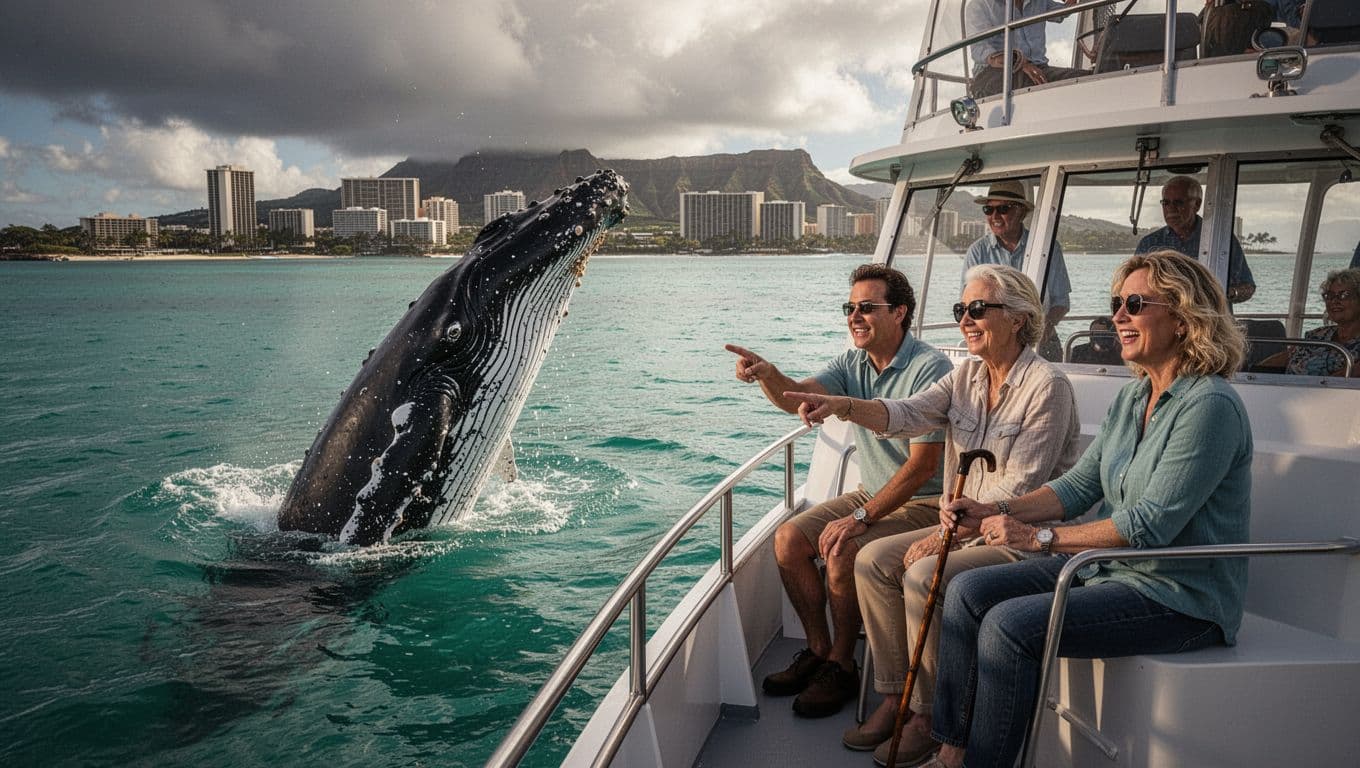 Close-up of a humpback whale spyhopping beside a calm Oahu whale watching boat, with three seated passengers on the double-decker deck pointing and smiling, turquoise waters, and distant Waikiki skyline under dramatic side lighting.