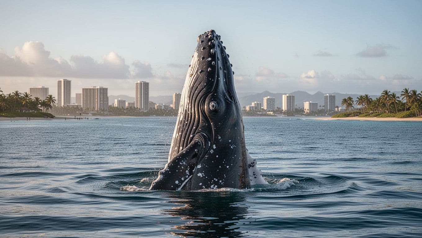 A humpback whale spyhops vertically off the Waikiki coast, head and body partially above the calm blue ocean with curious eyes visible and distant Honolulu skyline in cinematic style with dramatic soft morning light.