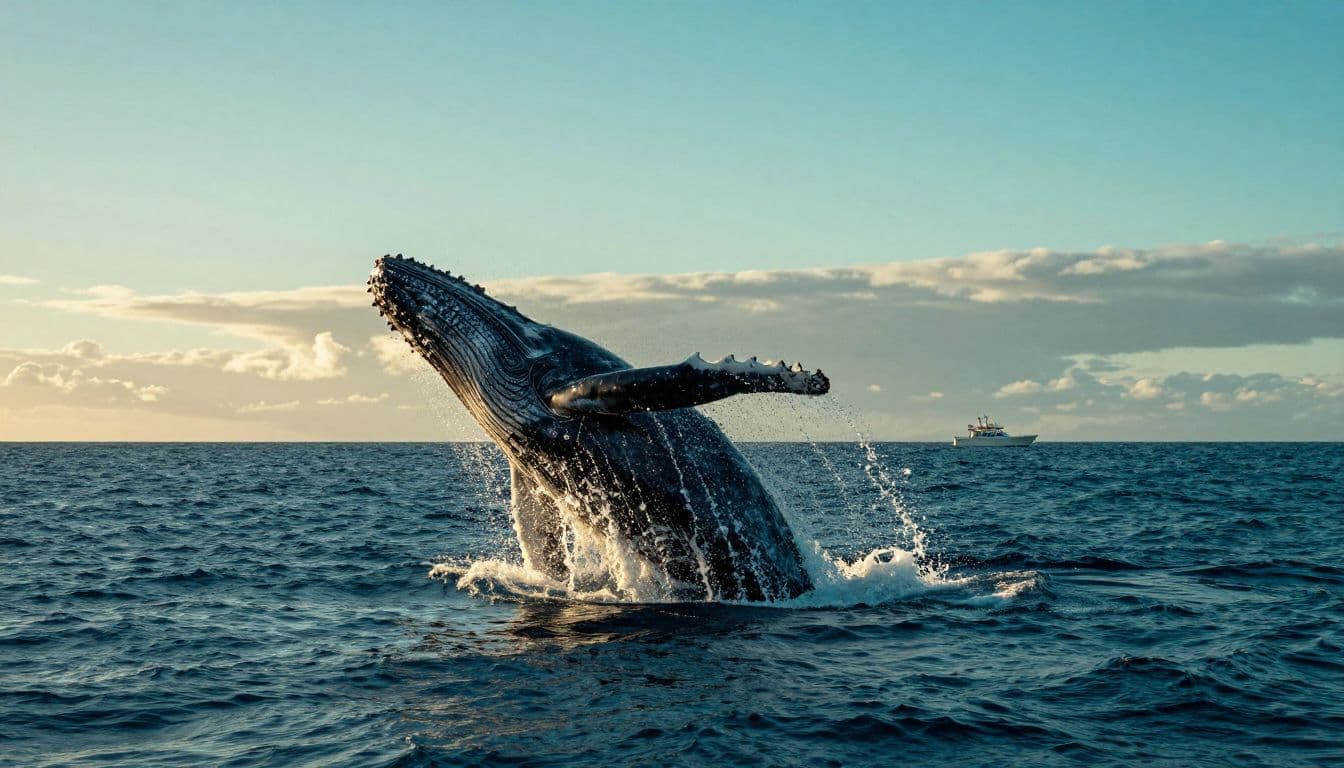 A massive humpback whale erupts from the ocean surface in a powerful breach. The scene is illuminated by a dramatic golden sunset against a deep cyan sky, creating high-contrast silhouettes.