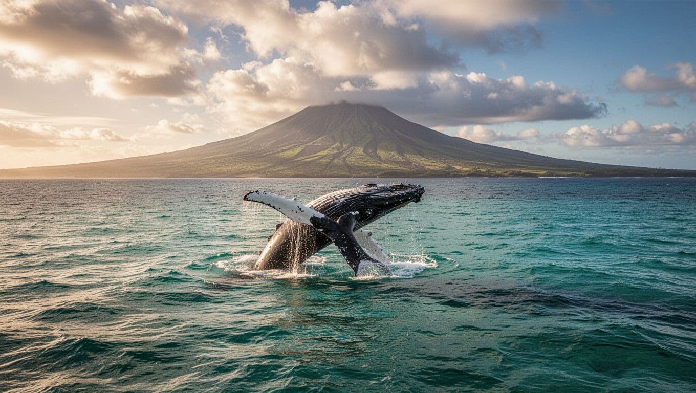 Adult humpback whale displays tail fluke while diving near Oahu's Waikiki coastline during December migration, turquoise ocean with Diamond Head volcano under partly cloudy sky, cinematic dramatic lighting.