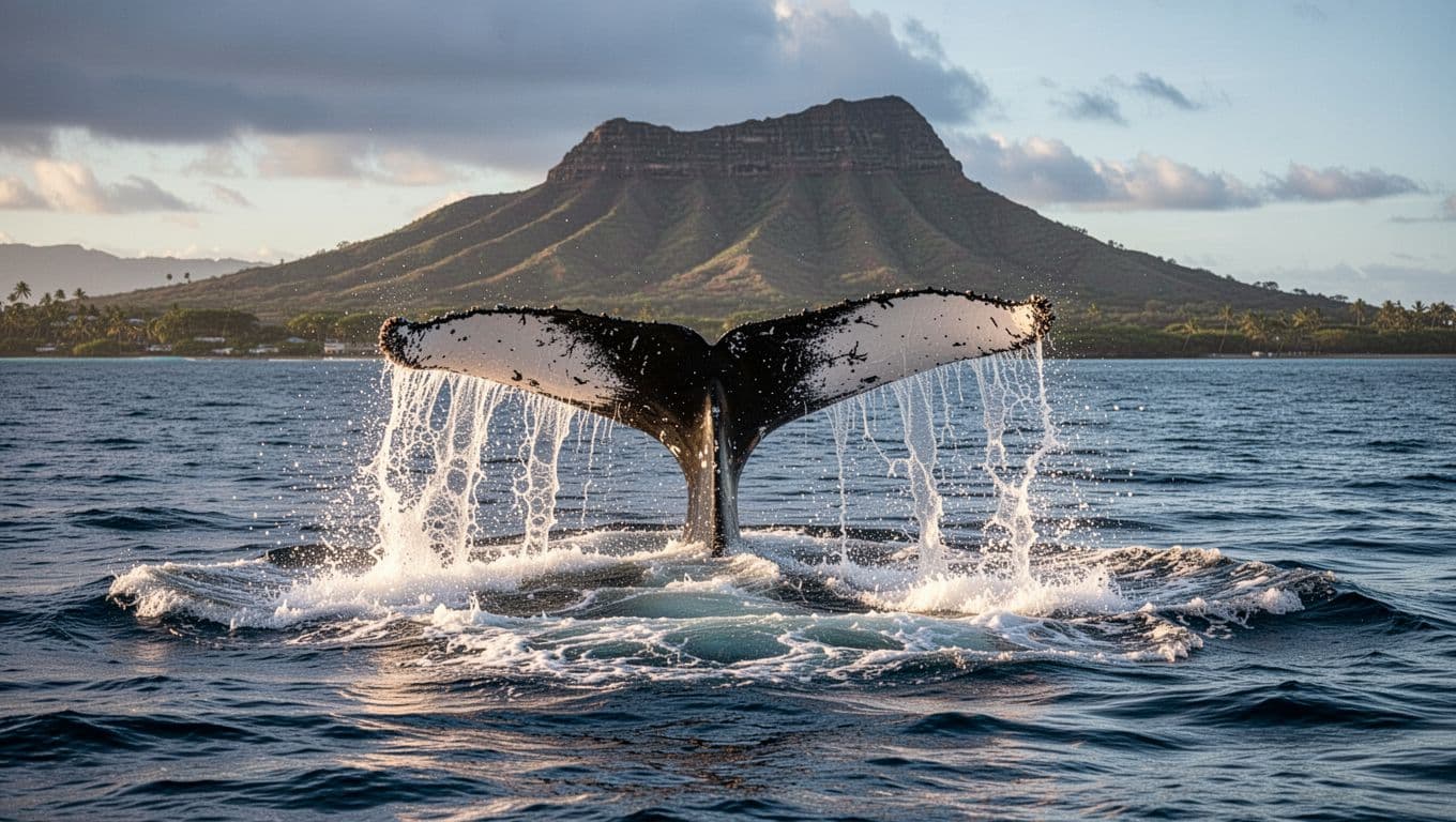 A humpback whale's tail fluke powerfully slaps the ocean surface, creating a dramatic splash in Oahu waters with Diamond Head volcano visible in the background under cinematic high-contrast lighting.