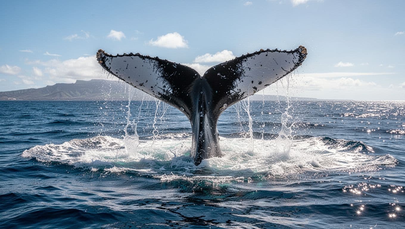 Humpback whale tail fluke raised high above blue ocean surface slapping down creating massive splash from low boat angle near Oahu Waikiki. Cinematic style with strong contrast depth and dramatic side lighting in clear tropical waters.