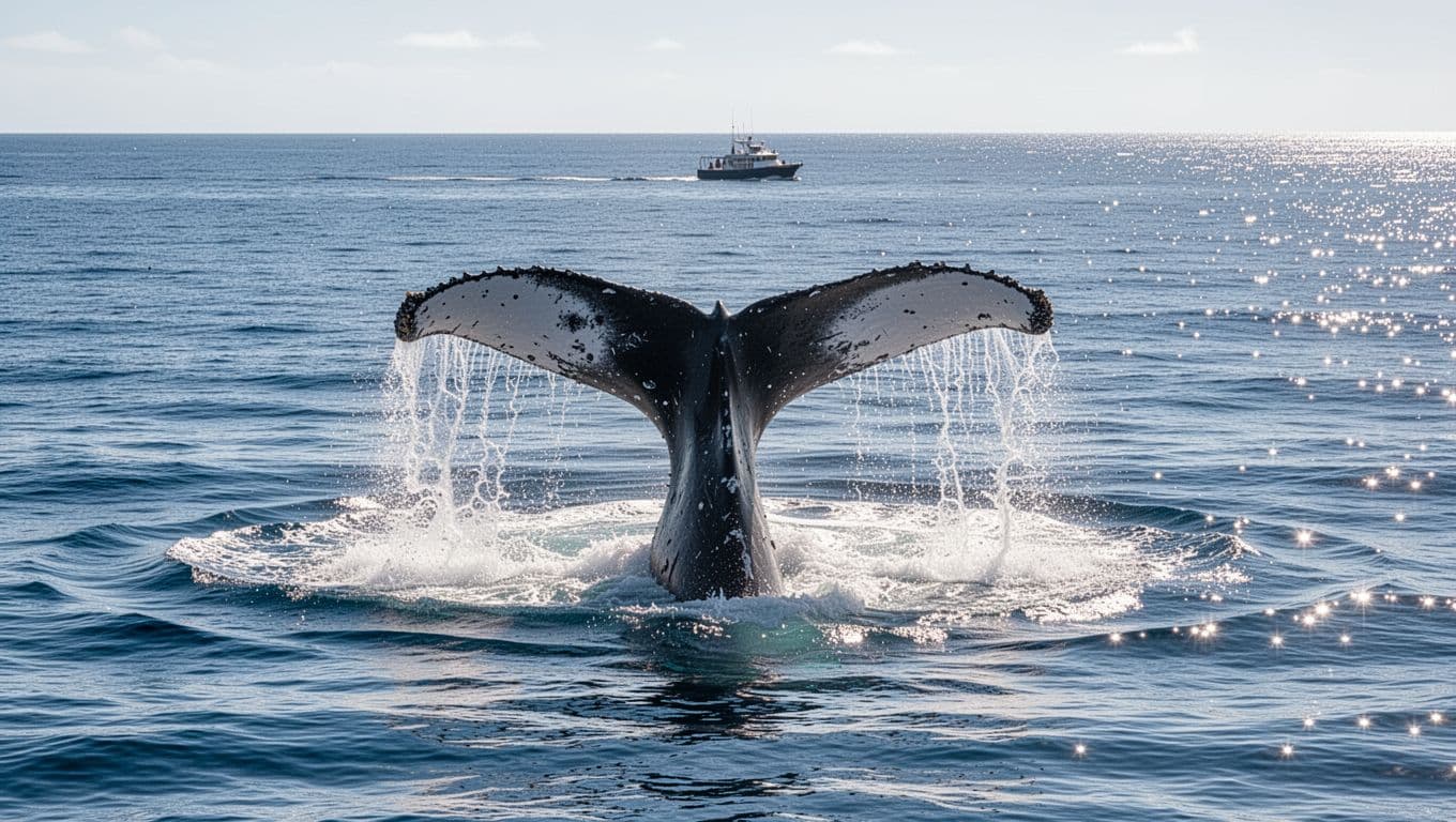 Humpback whale tail slapping ocean surface during Oahu whale watching in blue waters off Waikiki coast, sunny weather, distant boat silhouette, cinematic style with strong contrast, depth, and dramatic lighting; exactly one whale, no people or text visible.