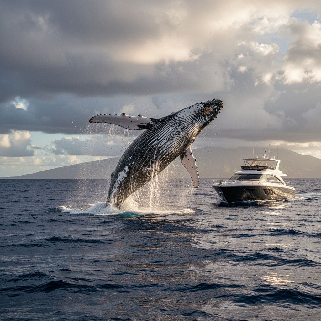 A massive humpback whale erupts from the dark blue ocean waves beside a modern tour boat. Overhead, dramatic storm clouds gather in the sky, casting a moody contrast over the scene.