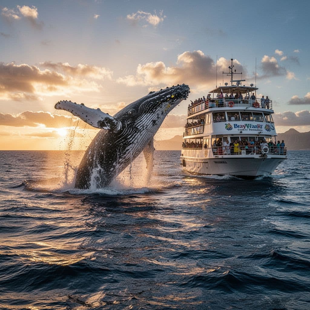 A massive humpback whale erupts from the deep blue Pacific waves beside a large tour vessel. Warm golden sunset light highlights the whale's textured skin against the dark, dramatic ocean surface.