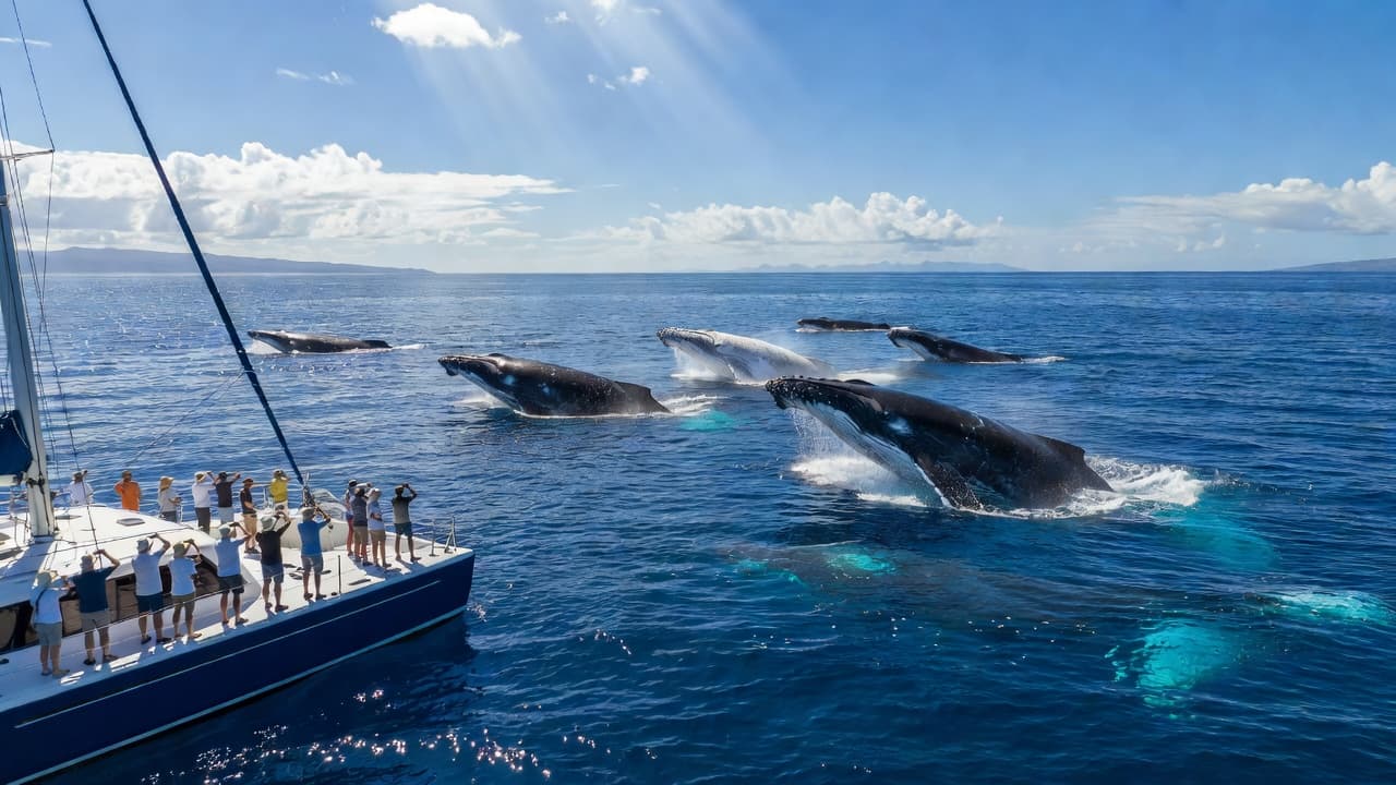 A small boat drifts in the clear turquoise Hawaiian waters while two humpback whales breach near the horizon. Vibrant cyan light reflects off the ripples under a bright, sunny sky.
