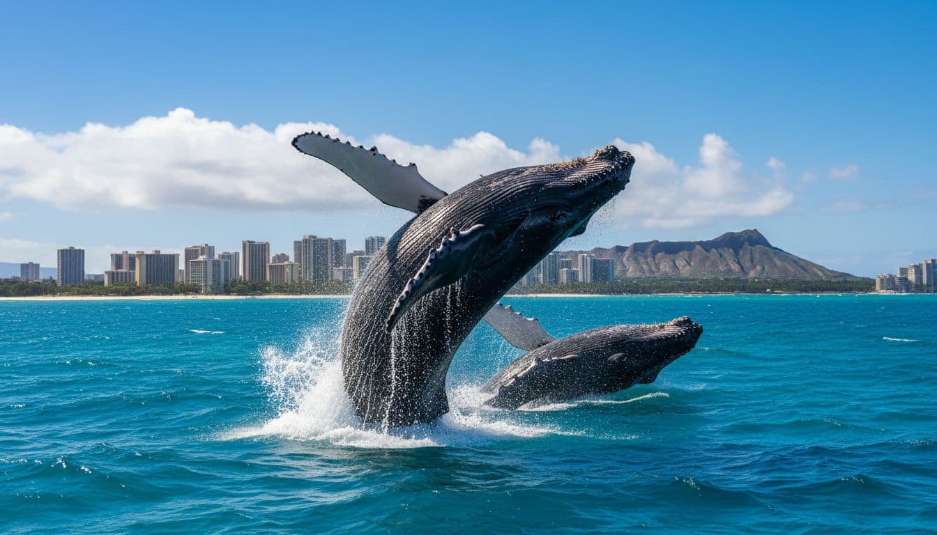 Photorealistic dynamic action shot of humpback whales breaching near a boat off the Oahu coast, featuring turquoise ocean waves, distant Waikiki skyline, sunny day with scattered clouds, vibrant colors.