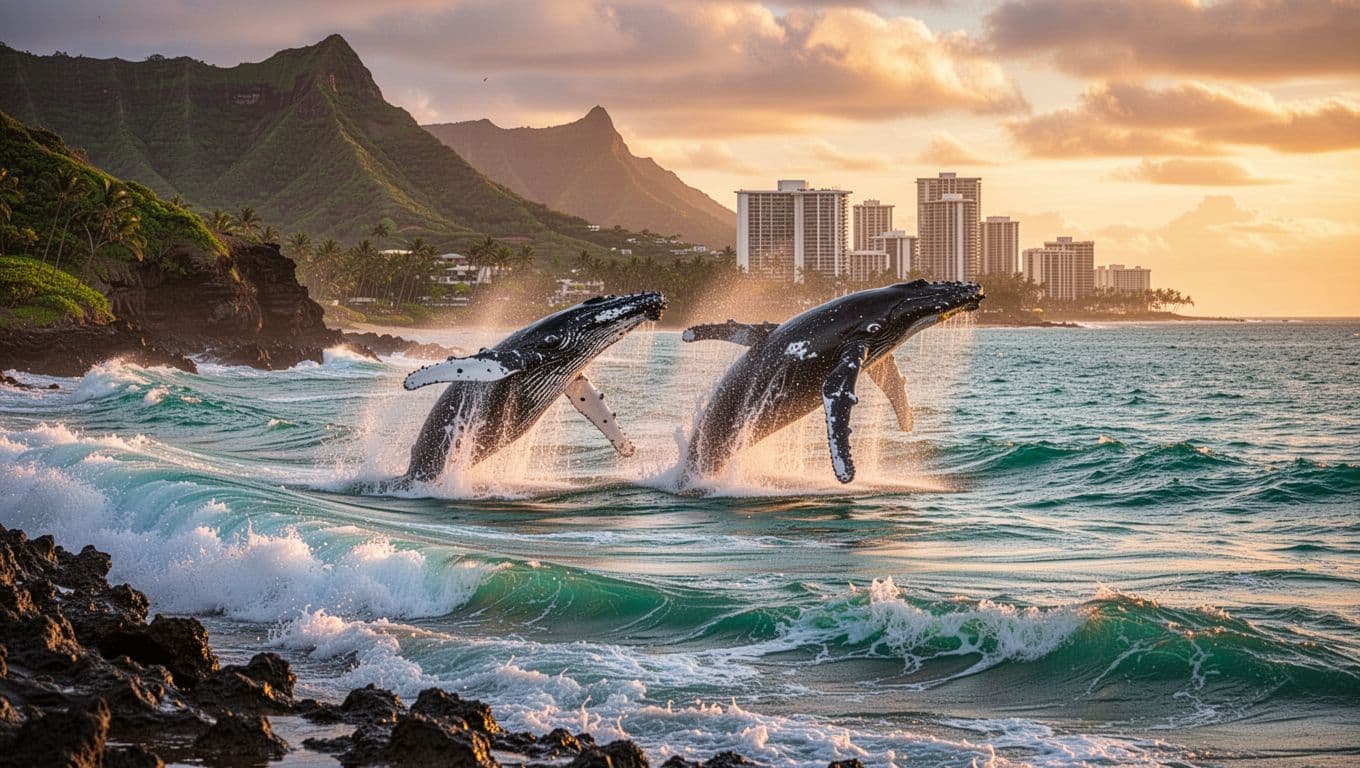 Two humpback whales breach near Oahu's green coastline amid turquoise waves, with distant Waikiki high-rises under sunset sky.