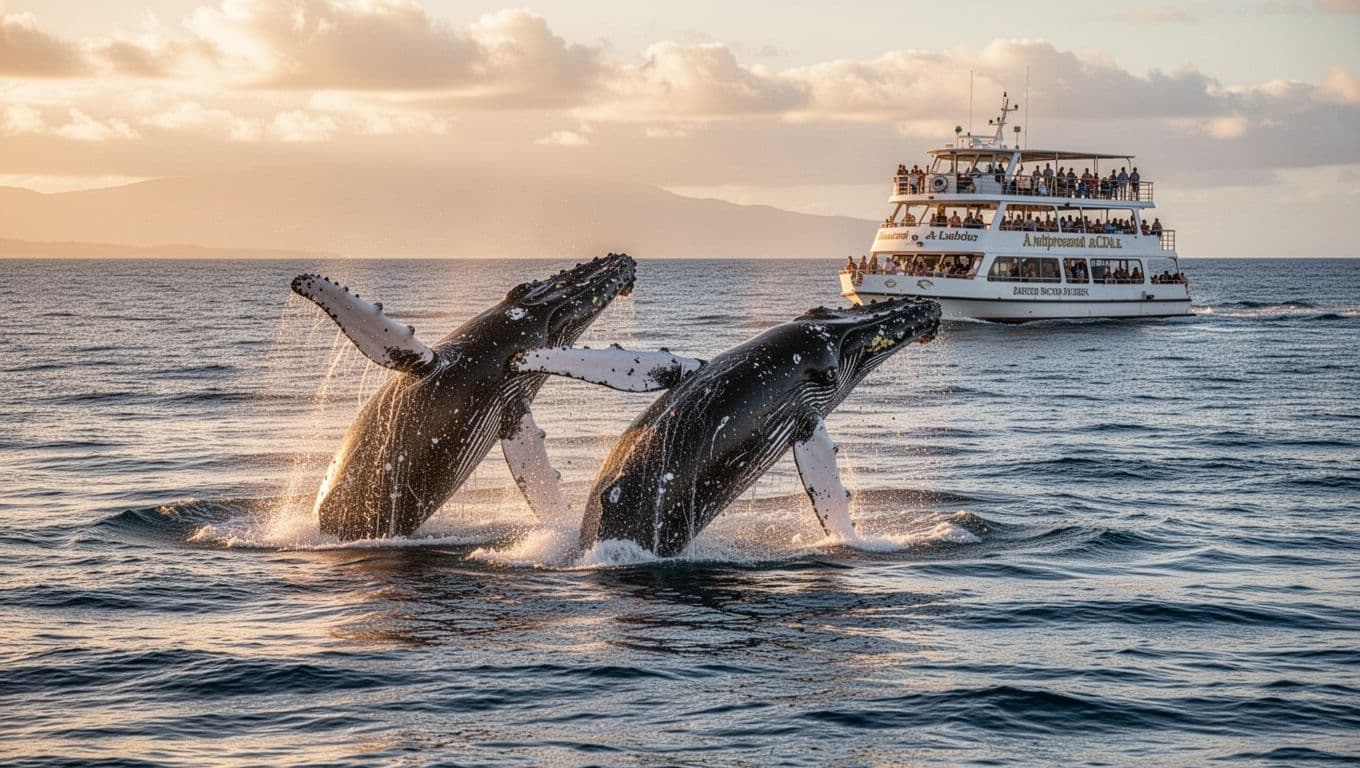 Two humpback whales breaching majestically near the Oahu coastline in calm ocean waters, with a double-decker tour boat in the distance carrying spectators during golden hour lighting.