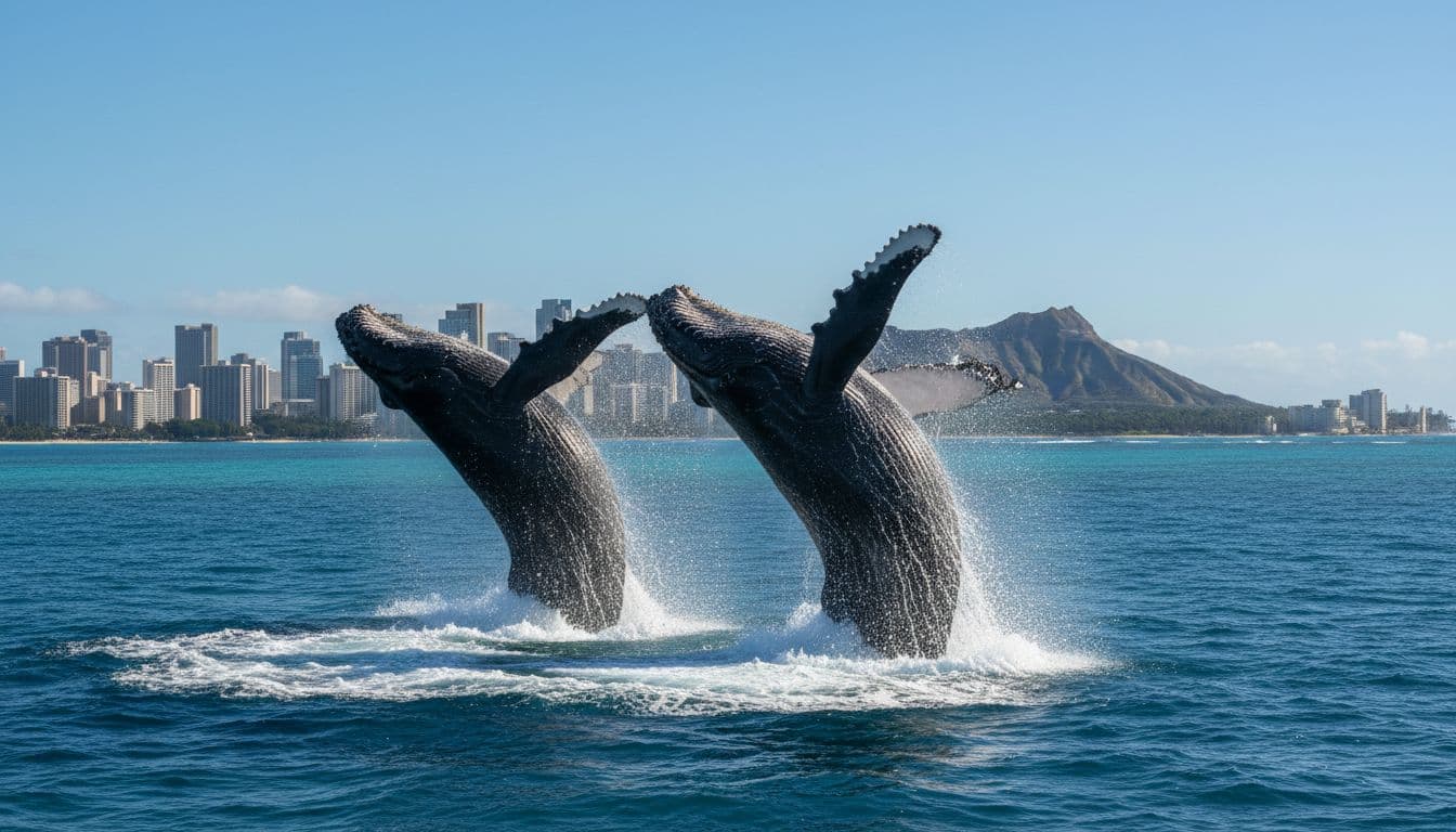 Dynamic photorealistic shot of humpback whales breaching near Oahu's coastline, featuring ocean waves, clear blue water, and the distant Honolulu skyline from boat level in natural daylight.