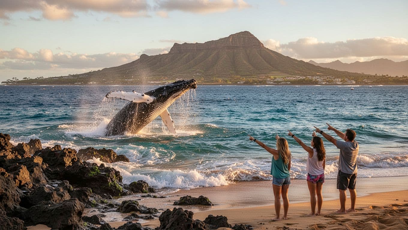 Humpback whales breaching near Oahu's rocky shoreline with distant Diamond Head volcano, three excited people on the beach pointing at the whales amid calm waves and vibrant blue water in golden afternoon light.