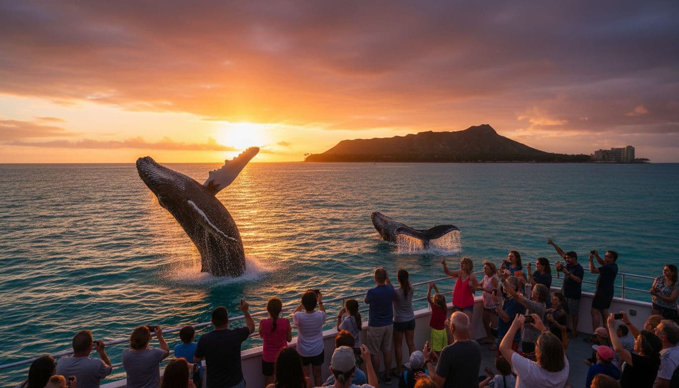 Two humpback whales—one breaching, one surfacing—near Oahu coast, viewed from tour boat with excited passengers, Diamond Head in background.
