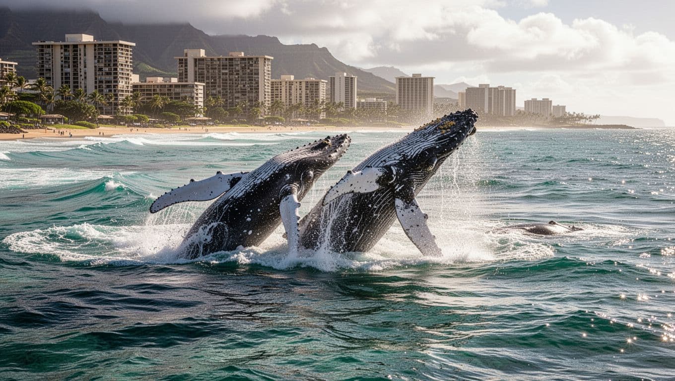 Two humpback whales breaching near the Oahu coastline, Waikiki in the distant background, with splashing ocean waves on a sunny day featuring dramatic lighting and strong contrast in cinematic style.