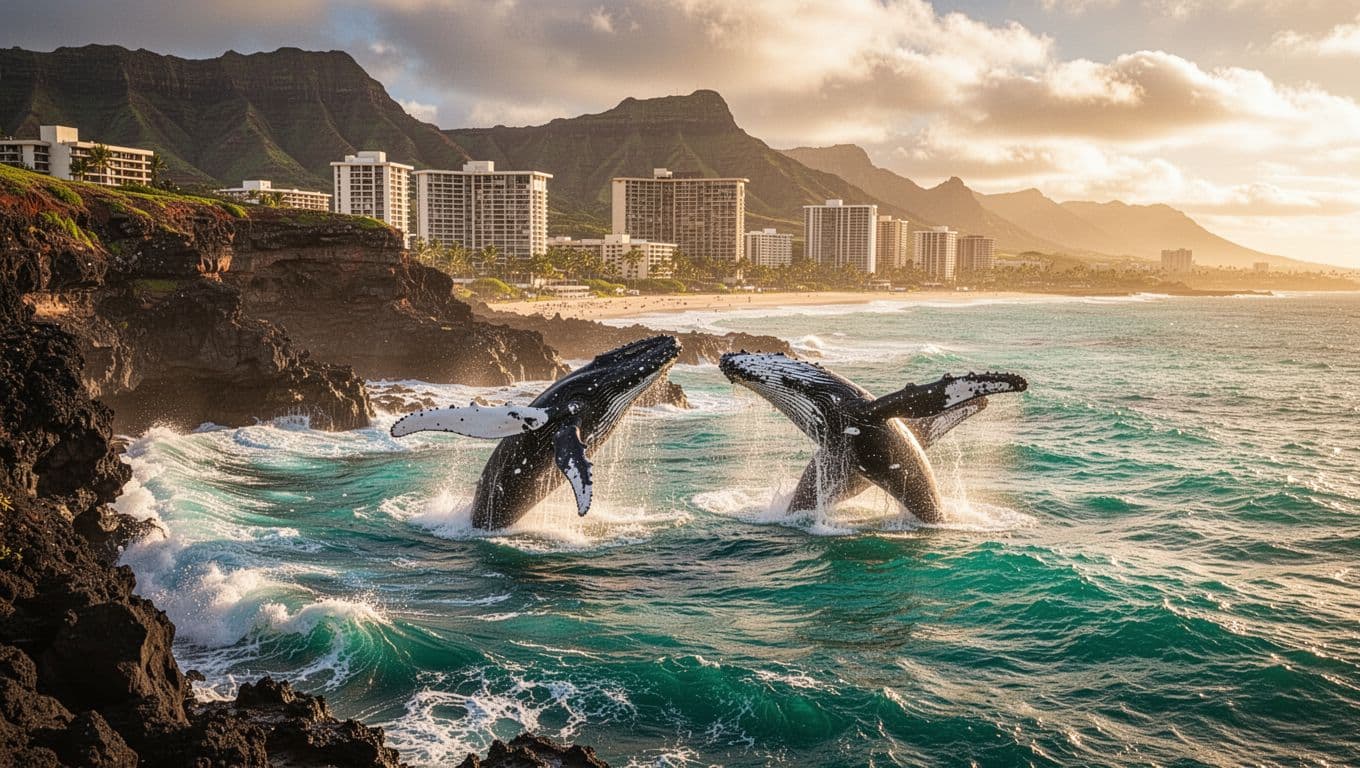 Two adult humpback whales breach turquoise waves near Oahu's rugged coastline, one tail slapping dramatically during golden hour, with distant Waikiki Beach hotels under a sunny sky.