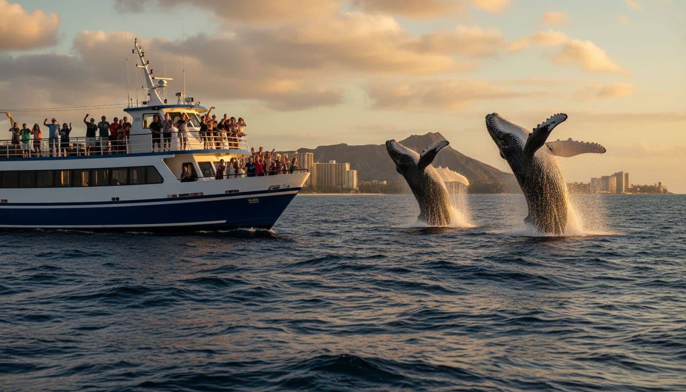 Humpback whales breach near crowded tour boat off Oahu coast, excited passengers on upper deck point and watch amid waves and distant shoreline.