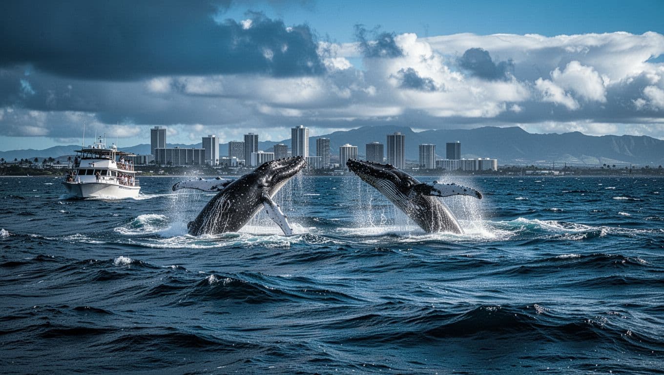 Two humpback whales breach dramatically near a double-decker tour boat in choppy winter ocean waters off Oahu, with the distant Honolulu skyline under a partly cloudy sky and waves splashing in cinematic style with strong contrast and cool blue tones.