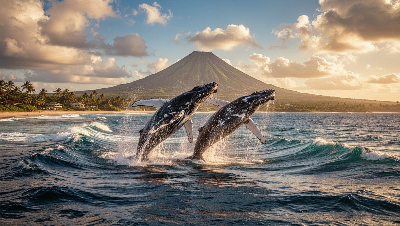 Two humpback whales dramatically breaching near the Waikiki coastline on Oahu, Hawaii, with Diamond Head in the background, ocean waves splashing on a sunny day with dramatic clouds.