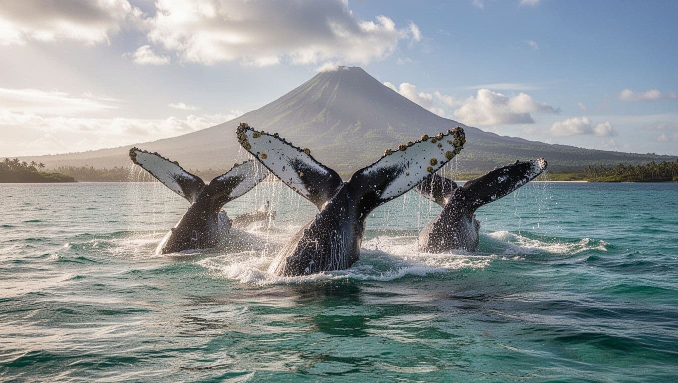 Three humpback whales perform tail slaps on turquoise ocean waves off Oahu's south shore, flukes raised high with barnacles, distant Diamond Head volcano, cinematic wide-angle view.