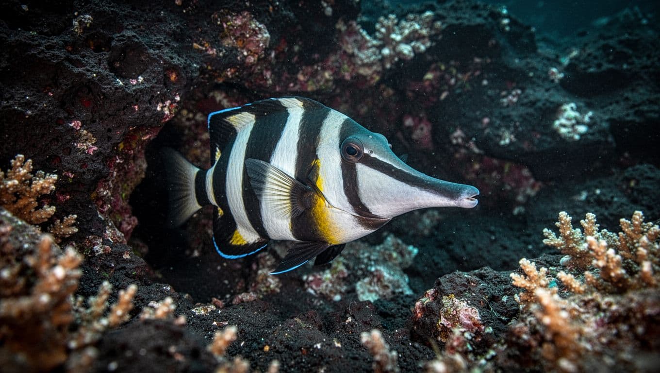 Humuhumunukunukuapua'a with long snout and bold black, white, yellow stripes peers from coral crevice against volcanic rock.