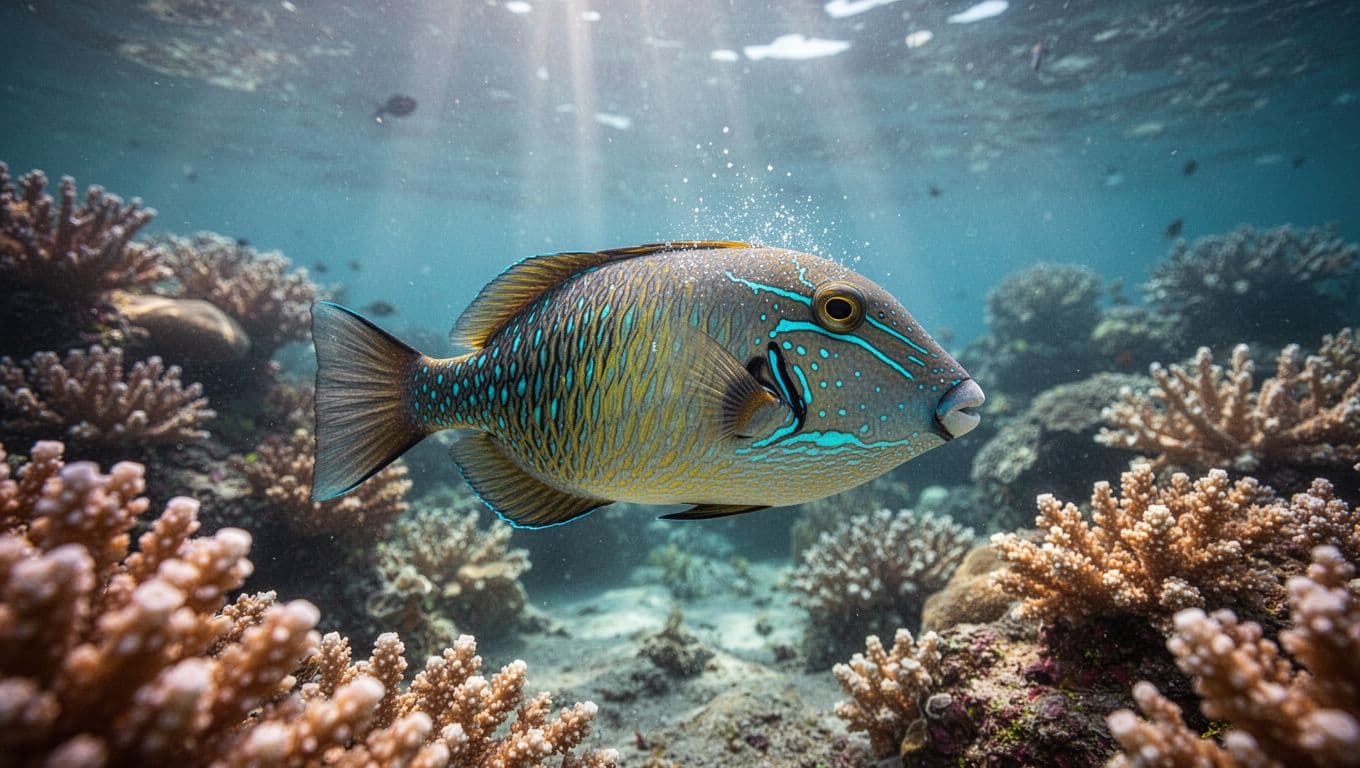 A vibrant Humuhumunukunukuapuaa swims through a shallow tropical reef. Sunlight creates shimmering patterns on the water surface while cyan light reflects off the fish scales against colorful, soft-focus coral background formations.