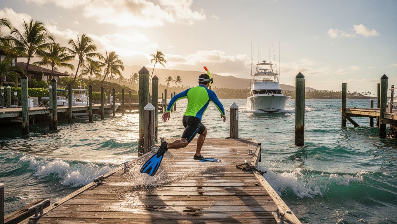 Snorkeler in rash guard and fins races along sunny Hawaiian marina dock toward boat pulling away, palms and waves behind.