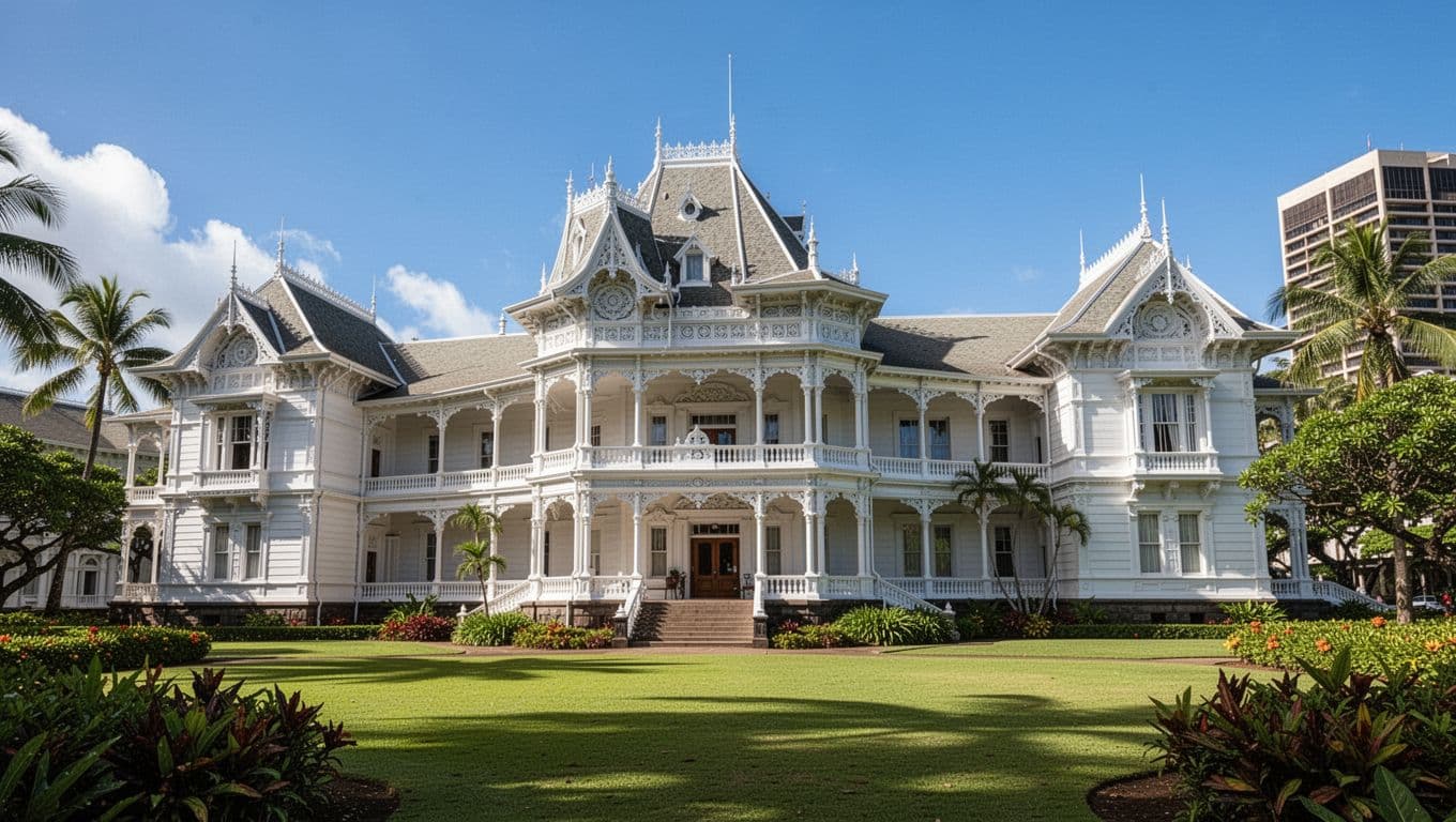 Iolani Palace shows ornate architectural details against a bright sky from the grounds.