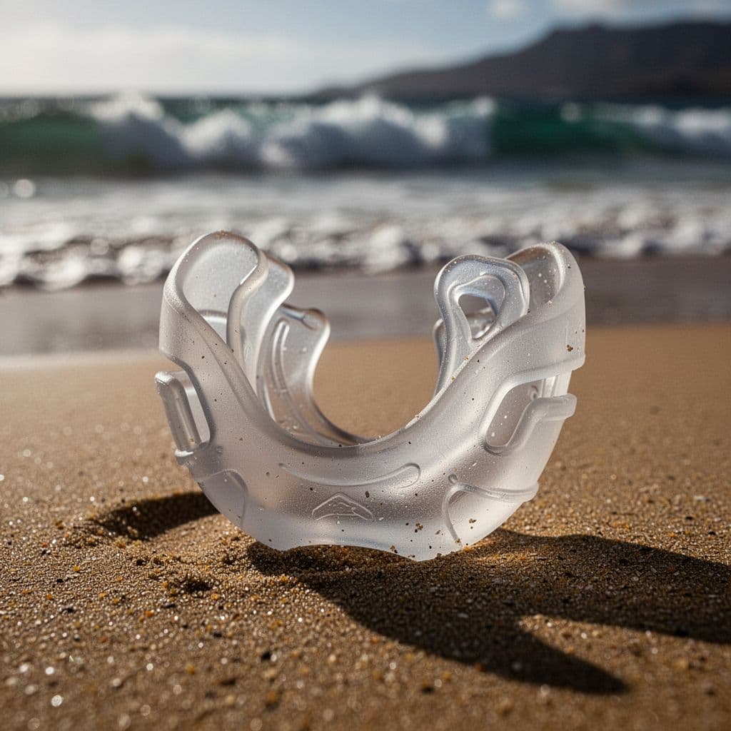 Close-up cinematic view of a soft silicone snorkel mouthpiece featuring flexible flanges and bite tabs for jaw support, set on a tropical Oahu beach with blurred ocean waves in the background.
