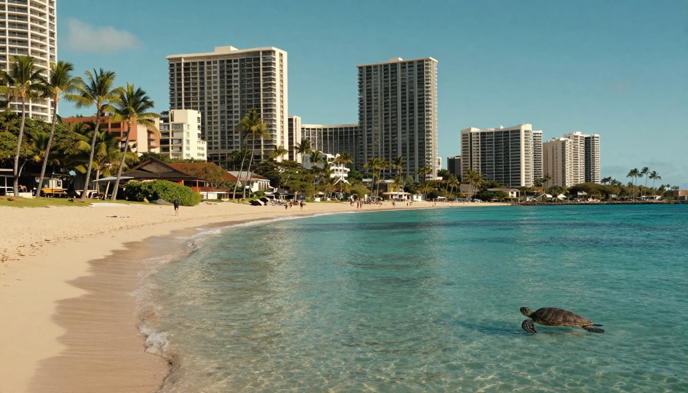 Turquoise waters meet golden sands with palm trees at Kahala Beach, Oahu; distant turtles near reef, residential background.