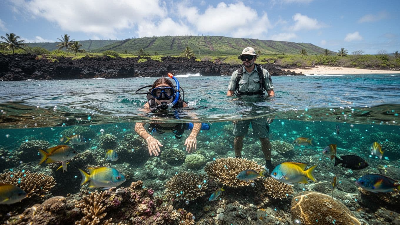 A snorkeler and guide float above a shallow reef near Hawaii's volcanic shoreline.