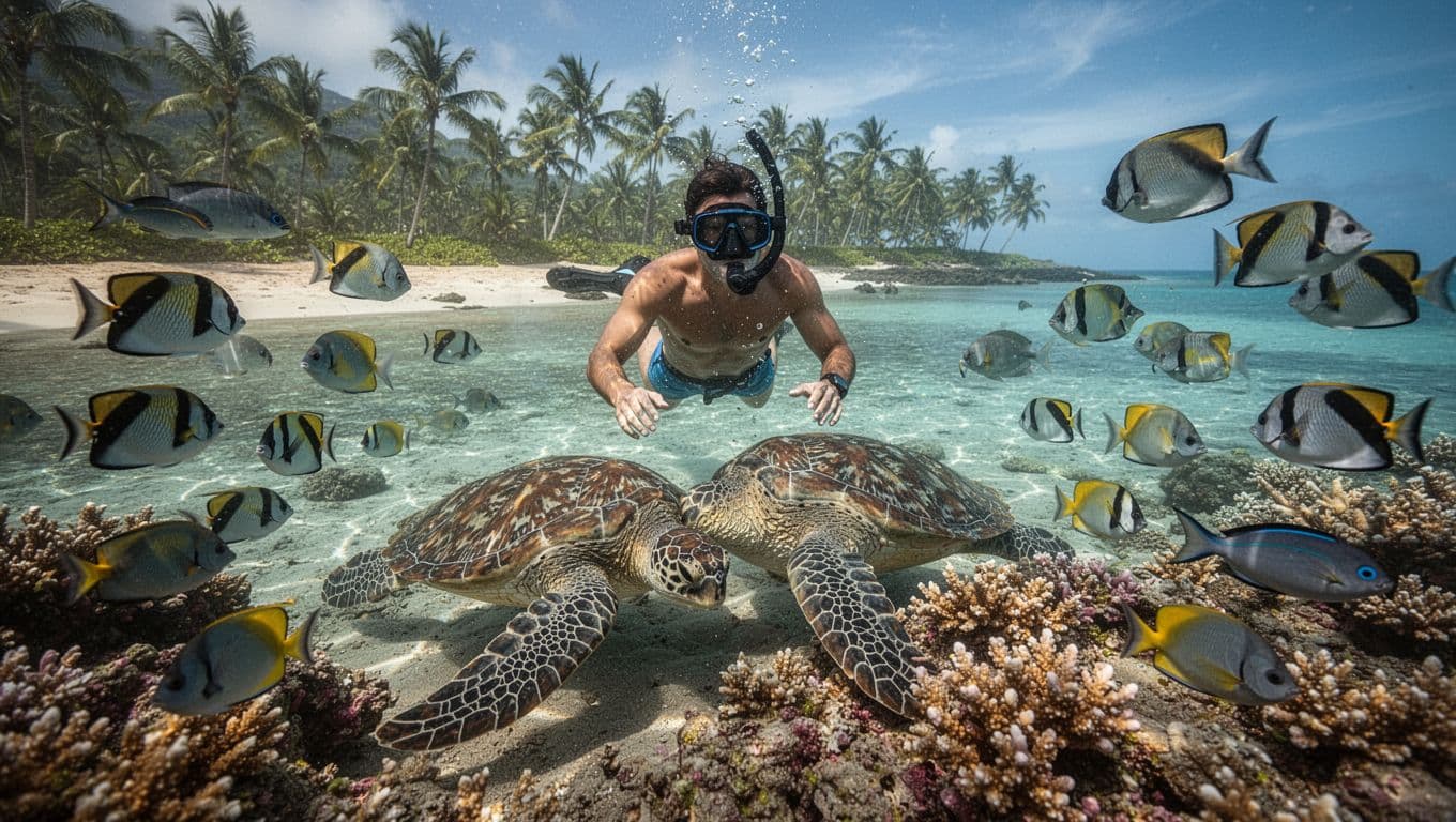 A snorkeler gently floats in the shallow clear waters of Kahaluu Beach Park on Hawaii's Big Island, watching a green sea turtle graze on a coral reef amid schools of butterflyfish and surgeonfish, with a palm-lined sandy shore in the background.
