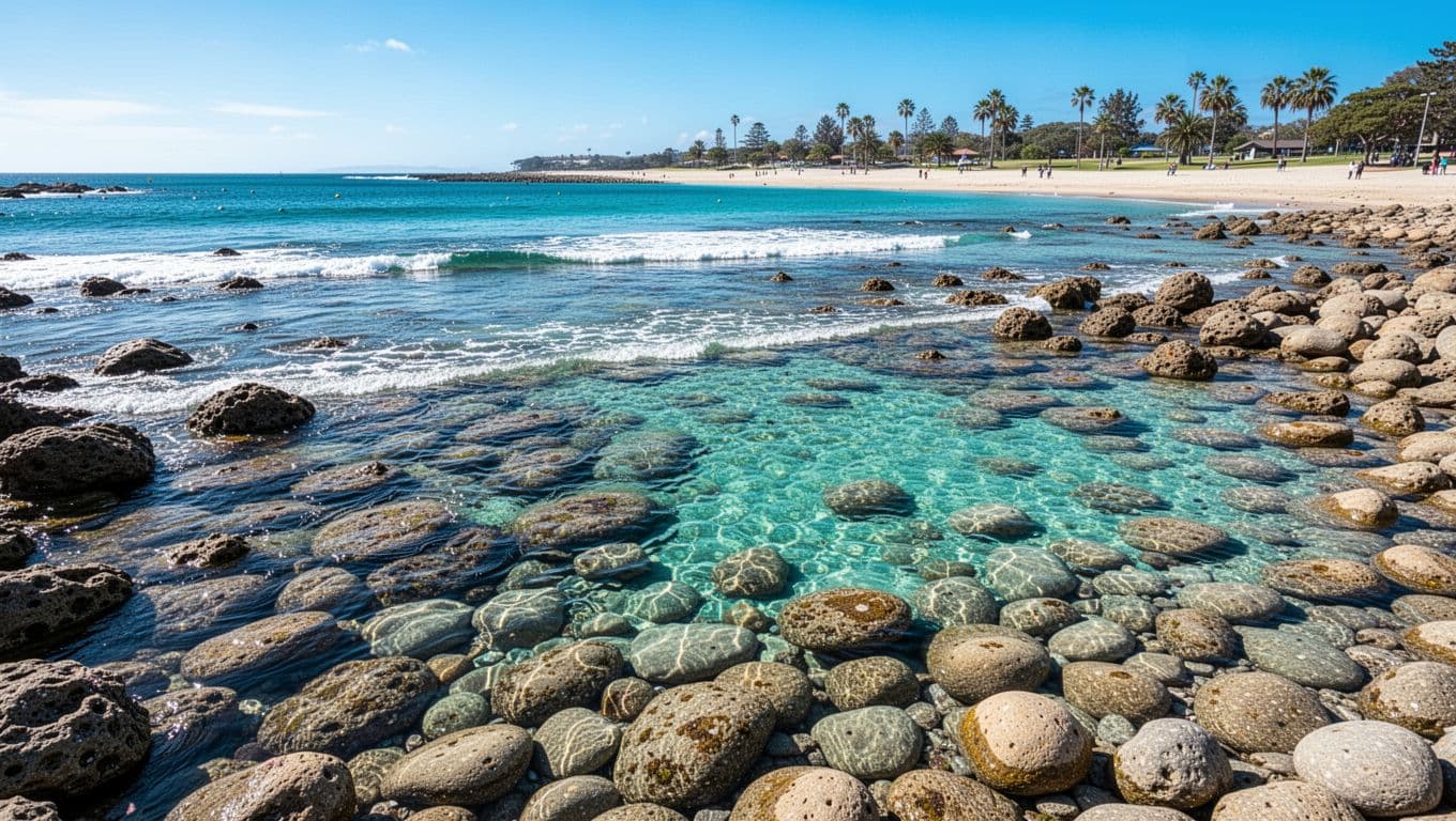 Shallow, rocky tide pools under clear water reflect bright daylight in a serene coastal setting.