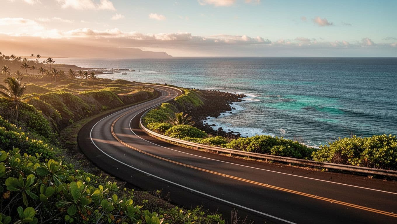 Curvy coastal road winding along Big Island Hawaii shoreline from Kailua-Kona towards Honokohau Marina at sunrise, with lush greenery, ocean views, cinematic dramatic lighting.