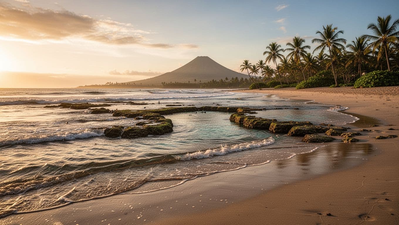 Calm sandy Kaimana Beach in Waikiki at sunrise with gentle waves on shallow reef ideal for snorkeling, palm trees, and distant Diamond Head under golden morning light.