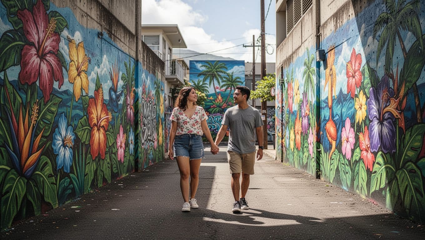 Couple walks past colorful tropical murals on concrete walls in Kakaako Honolulu.