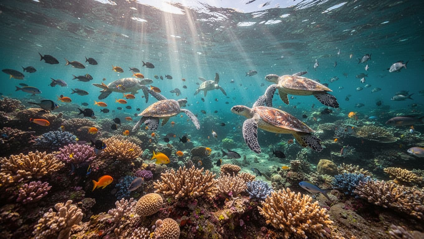 Underwater cinematic view of a calm reef in Kaneohe, Oahu, with colorful corals, fish, and sea turtles swimming in clear water illuminated by sunlight filtering through the surface.