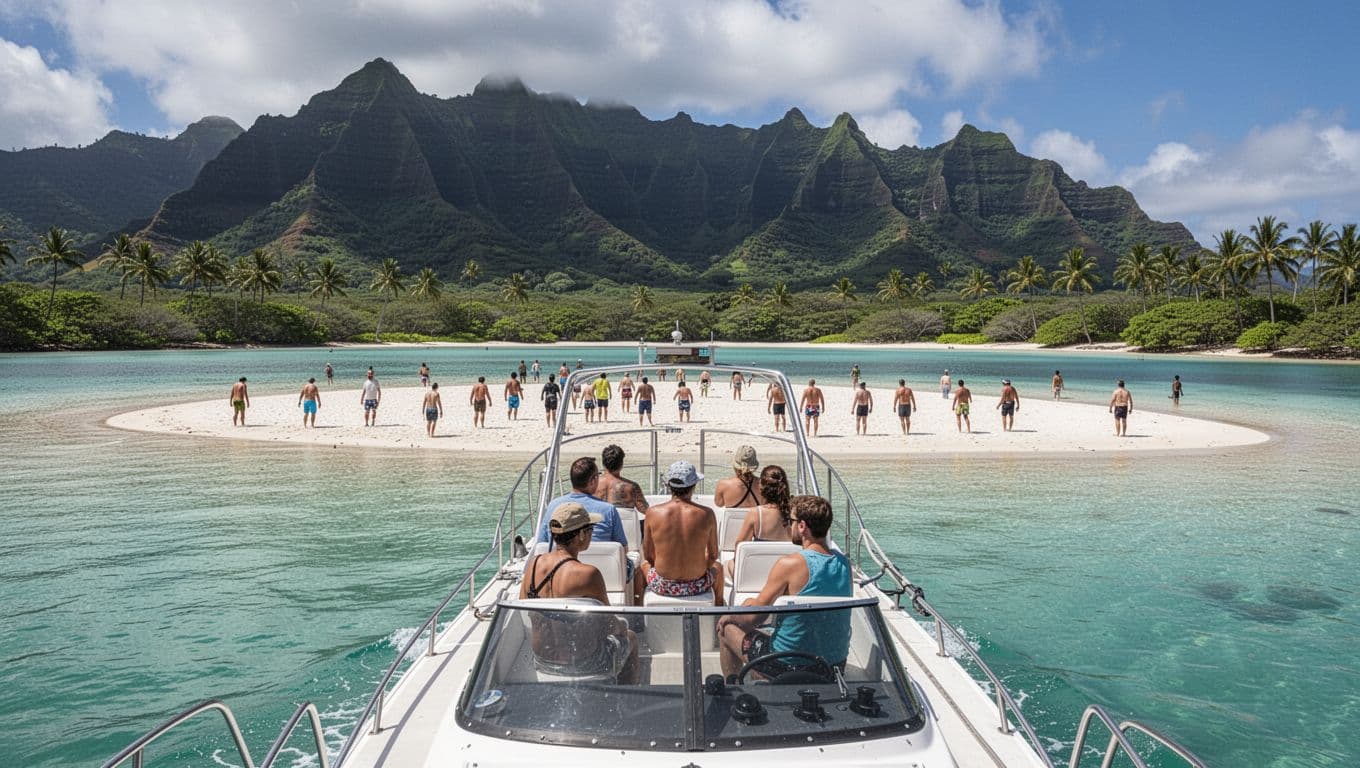 Double-decker tour boat nears Kaneohe Sandbar with turquoise lagoon, white sand shoal, 20 people wading, and Ko'olau mountains backdrop.