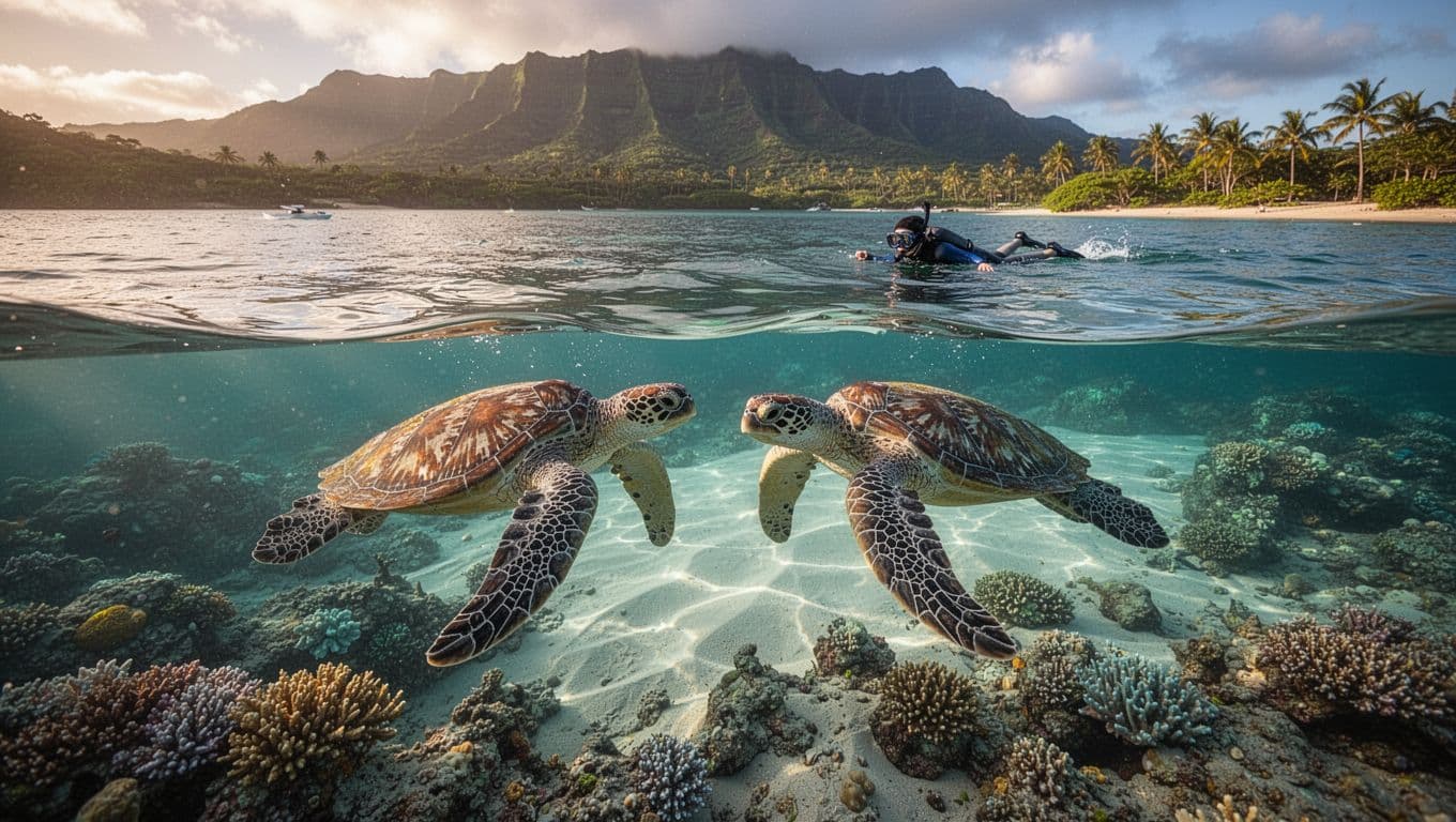 Two green sea turtles glide near white sandbar in turquoise Kaneohe Bay, snorkeler observing above corals.