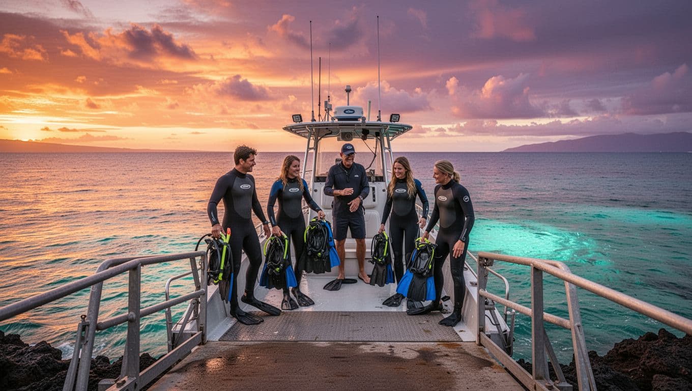 Small boat launches from Kawaihae ramp at sunset with four guests in wetsuits boarding gear bags, captain at helm on turquoise ocean.