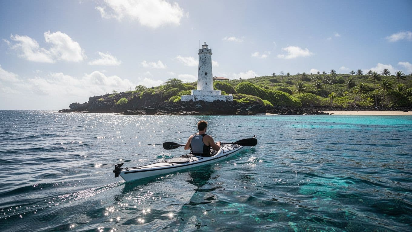 A lone kayaker paddles toward a white monument on a green tropical shore.