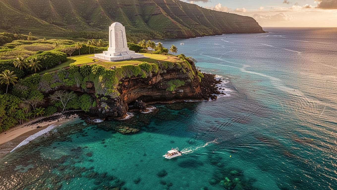 Aerial view of Kealakekua Bay with white Captain Cook Monument on green cliffs, turquoise water, and distant snorkel boat.
