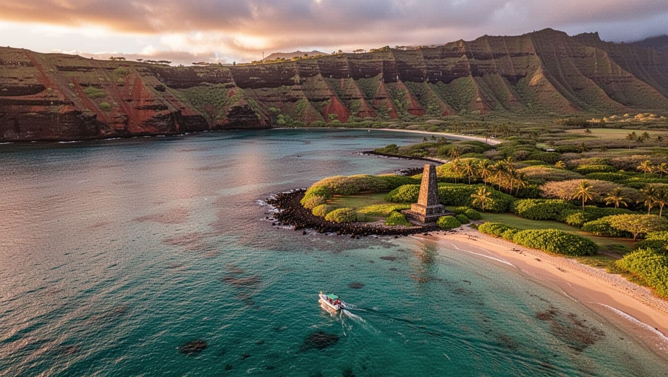 Aerial perspective of tranquil Kealakekua Bay in Hawaii during golden hour, showcasing turquoise waters, Captain Cook monument on the green shore, and a single snorkel boat with volcanic cliffs in the background.