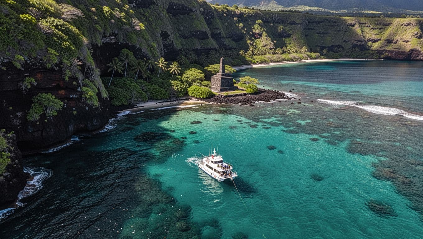 Aerial perspective of Kealakekua Bay on Big Island, Hawaii, showcasing turquoise waters against lush green cliffs, the historic Captain Cook monument on the distant shore, and an anchored snorkel boat in calm seas under dramatic midday lighting.