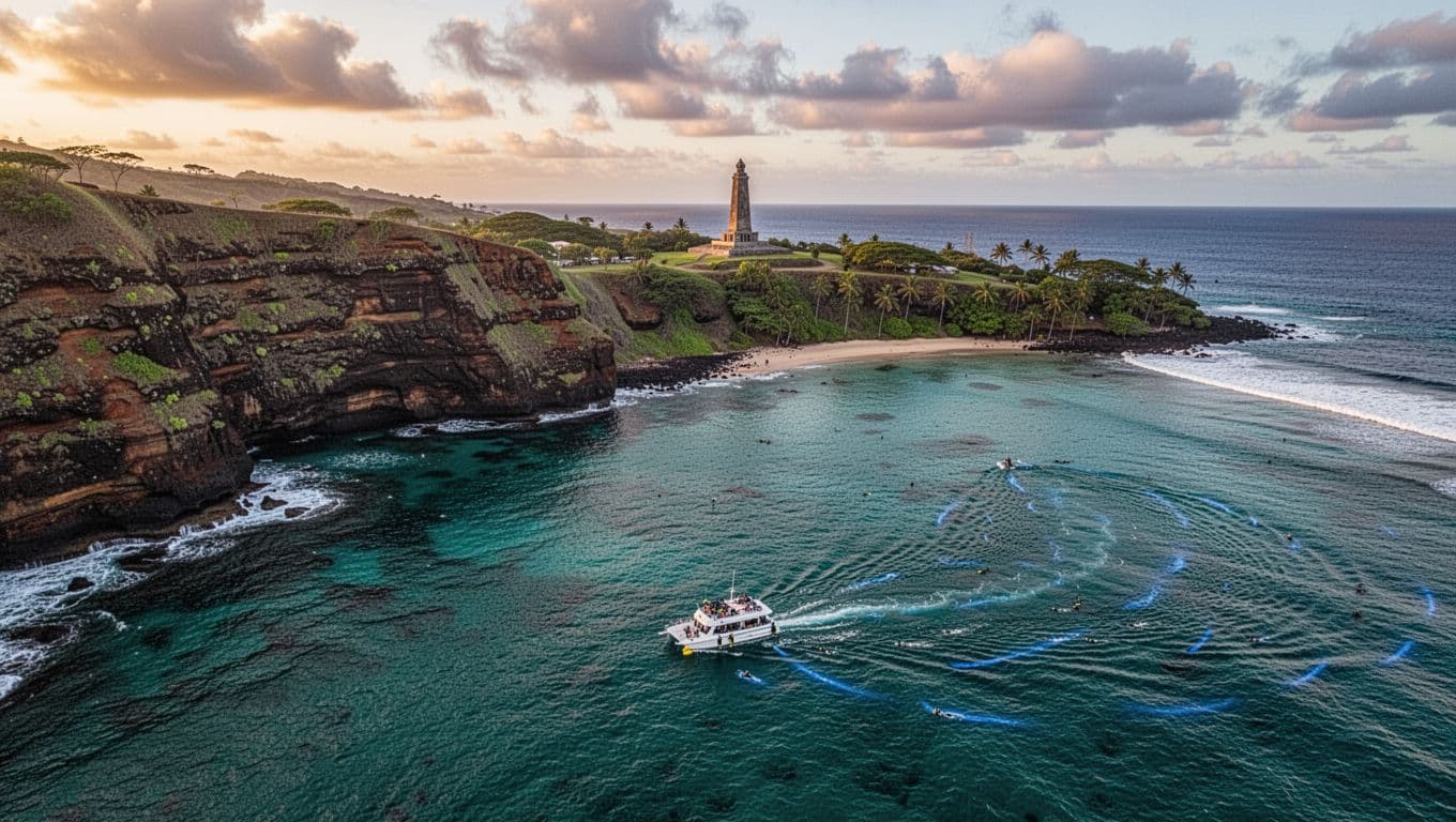Aerial view of Kealakekua Bay at dawn with cliffs, turquoise ocean, distant Captain Cook Monument, and anchored snorkel boat.