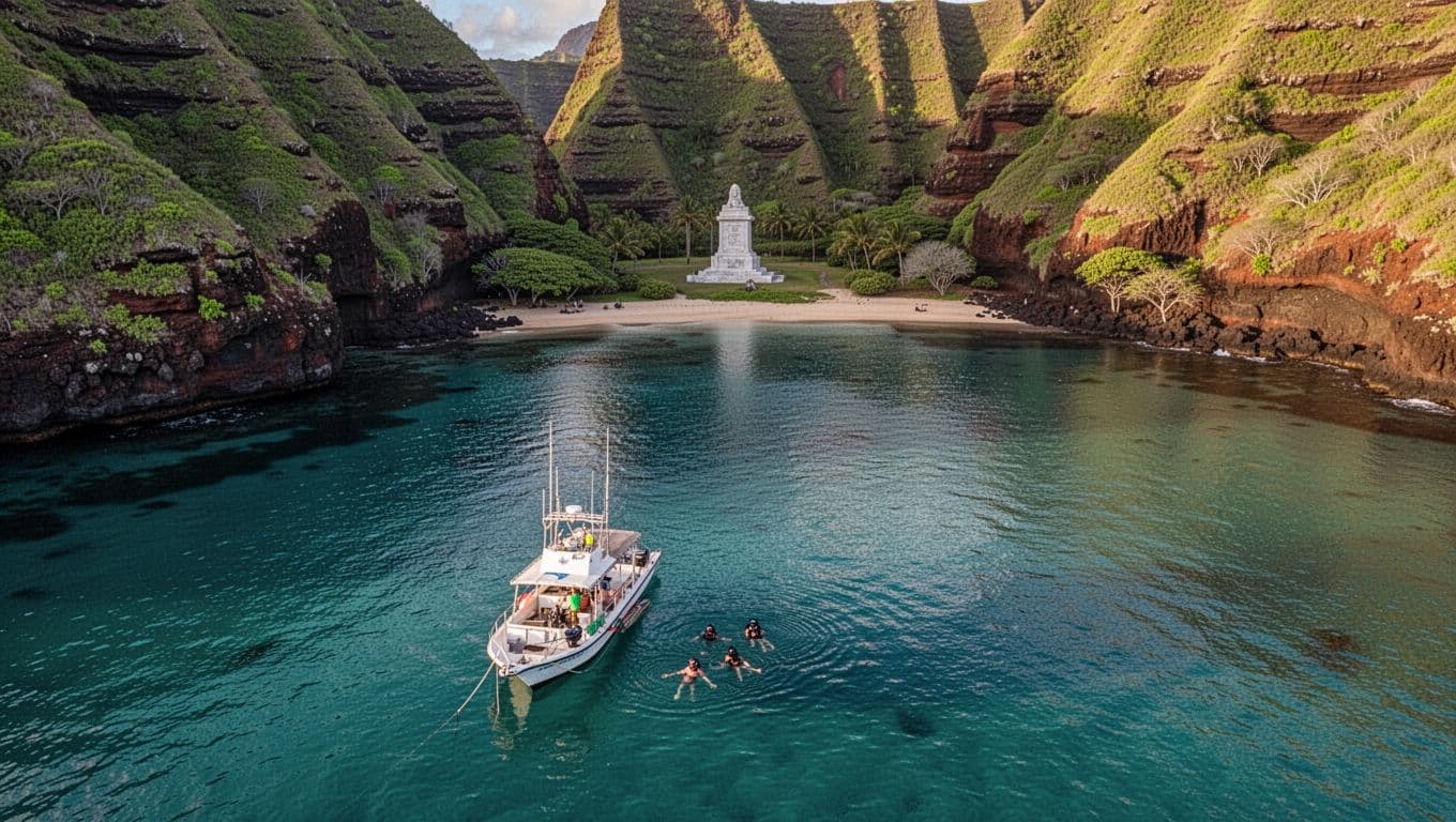 Aerial drone perspective of Kealakekua Bay on Big Island, Hawaii, featuring a sheltered turquoise lagoon with crystal-clear water, surrounded by towering volcanic cliffs, the historic Captain Cook monument, and a snorkel tour boat anchored in calm morning golden hour light.
