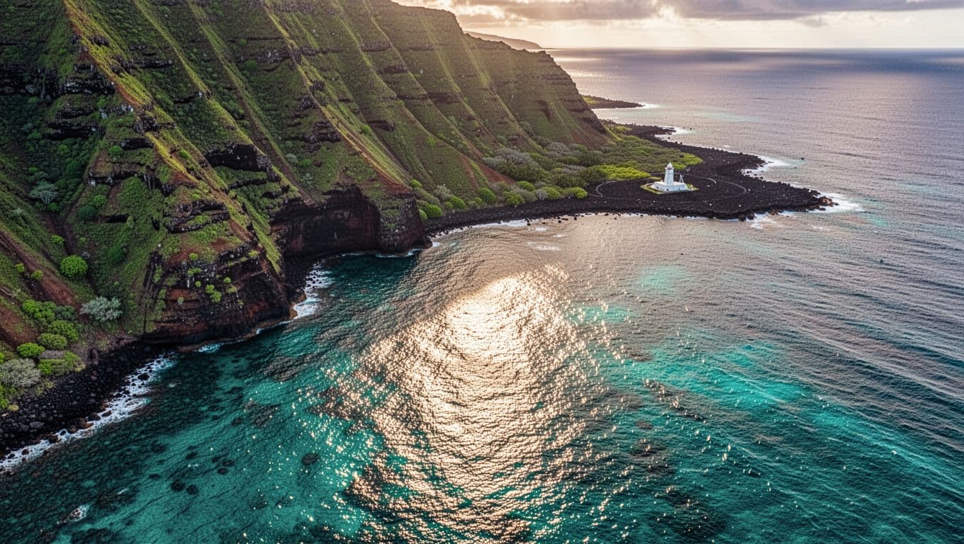 Aerial drone view of Kealakekua Bay on Hawaii Big Island features steep green volcanic cliffs plunging into sparkling turquoise ocean with the small white Captain Cook Monument on the rocky black lava shore in the distance.