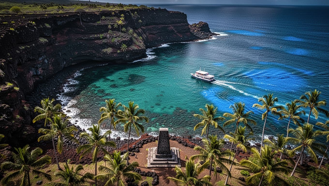 Aerial view of turquoise waters lapping volcanic cliffs, Captain Cook Monument on shore with palms, and one small boat anchored offshore.