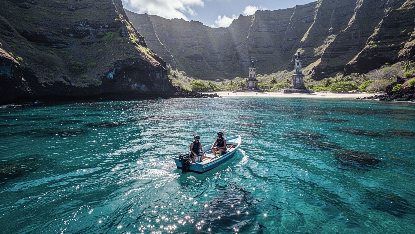 Aerial view of Kealakekua Bay on Big Island Hawaii, showcasing turquoise waters, dramatic volcanic cliffs, Captain Cook monument, and a small boat with two snorkelers in cinematic style with strong contrast.