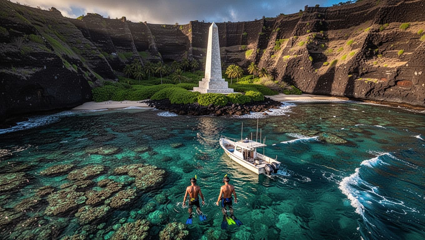 Scenic overhead perspective of Kealakekua Bay with turquoise waters, visible coral reefs, distant white Captain Cook Monument on green shore amid volcanic cliffs, anchored boat with snorkelers, cinematic golden hour lighting.
