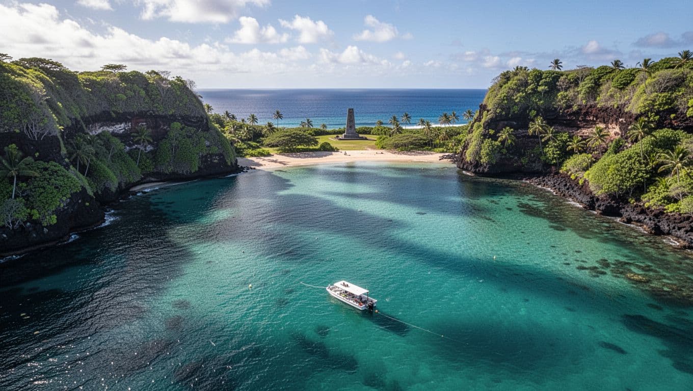 Aerial landscape of Kealakekua Bay on Big Island Hawaii, with Captain Cook Monument, turquoise waters perfect for snorkeling, lush green cliffs, and anchored snorkel boat in cinematic style.